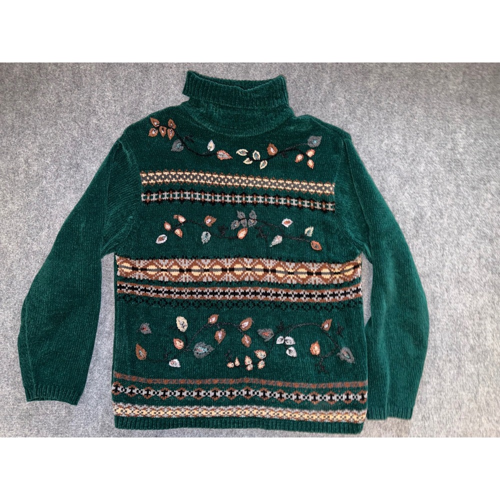 Carolyn Taylor Green Chenille Turtleneck Sweater Embroidered Leaves Fair Isle L